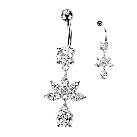 SILVER DANGLY CRYSTAL MARQUISE CHARM BELLY BAR - 14 GAUGE - 10MM