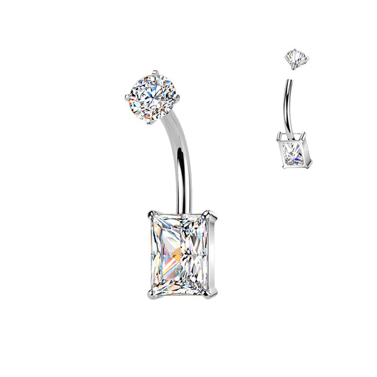 SILVER STATEMENT BAGUETTE CRYTAL BELLY BAR - 14 GAUGE - 10MM