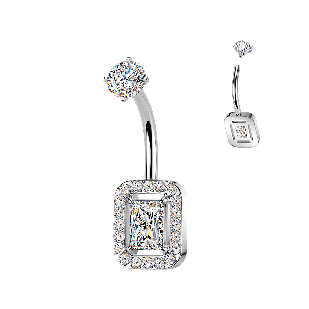 SILVER CRYSTAL LINED SQUARE CRYSTAL BELLY BAR - 10MM - 14 GAUGE