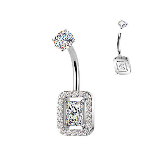 SILVER CRYSTAL LINED SQUARE CRYSTAL BELLY BAR - 10MM - 14 GAUGE