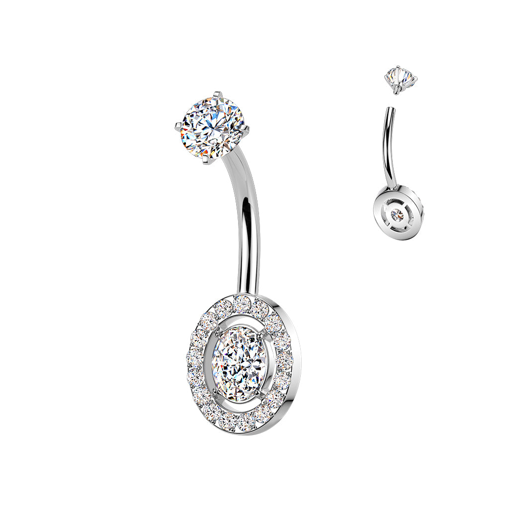 SILVER CRYSTAL LINED OVAL BELLY BAR - 10MM - 14 GAUGE