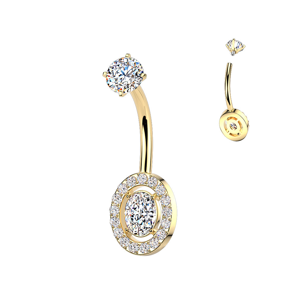 GOLD CRYSTAL LINED OVAL BELLY BAR - 10MM - 14 GAUGE