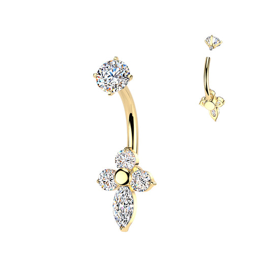 GOLD CRYSTAL CROSS BELLY BAR - 14 GAUGE - 14MM