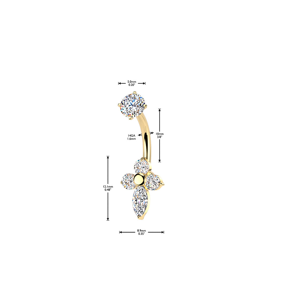 GOLD CRYSTAL CROSS BELLY BAR - 14 GAUGE - 14MM
