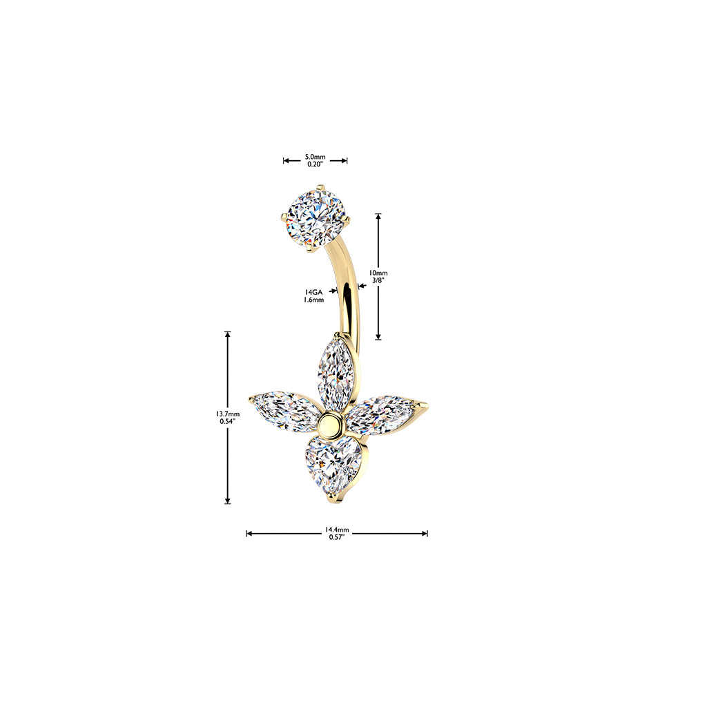 GOLD MARQUISE & CRYSTAL HEART BELLY BAR - 14 GAUGE - 14MM