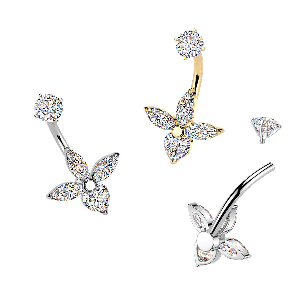 GOLD MARQUISE & CRYSTAL HEART BELLY BAR - 14 GAUGE - 14MM
