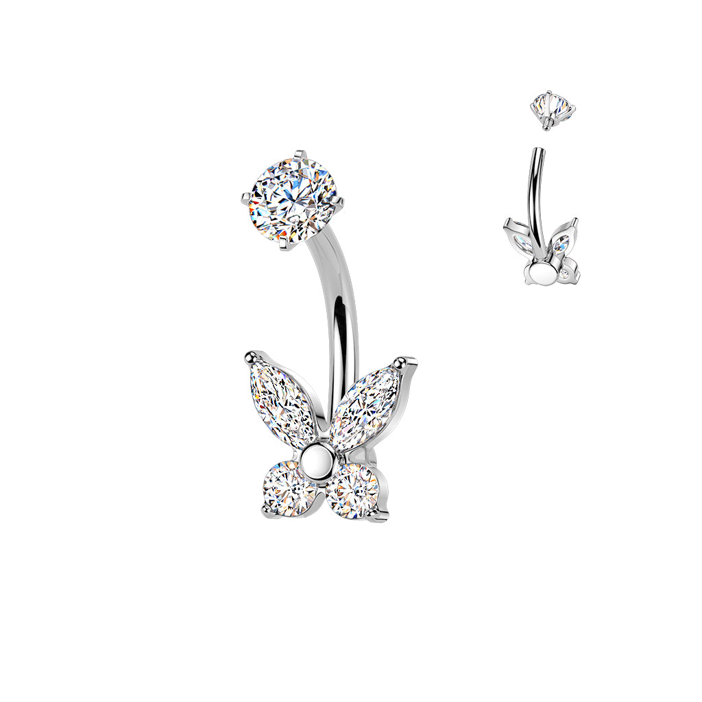 SILVER CRYSTAL BUTTERFLY  BELLY BAR - 14 GAUGE - 14MM