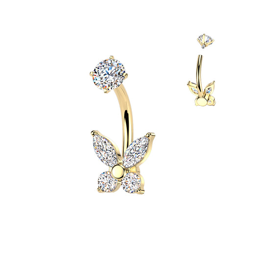 GOLD CRYSTAL BUTTERFLY  BELLY BAR - 14 GAUGE - 14MM