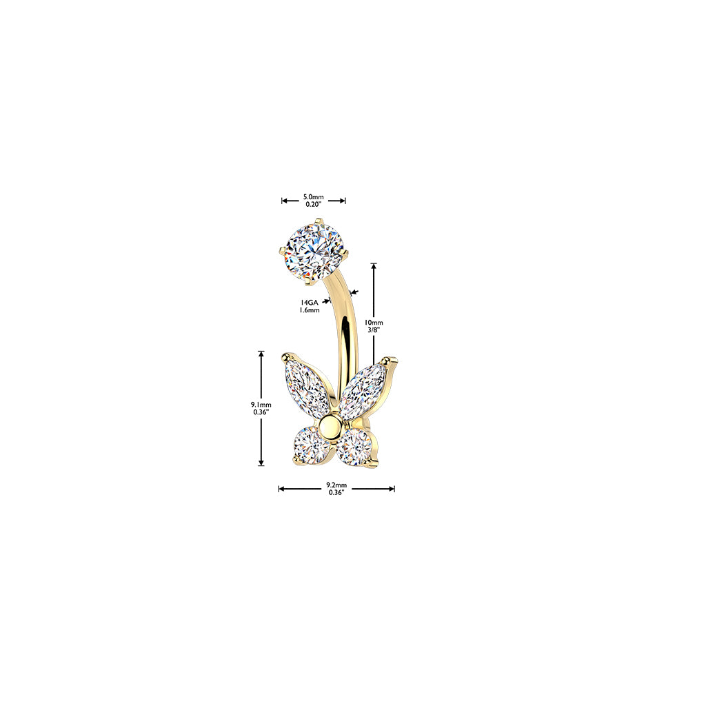 GOLD CRYSTAL BUTTERFLY  BELLY BAR - 14 GAUGE - 14MM