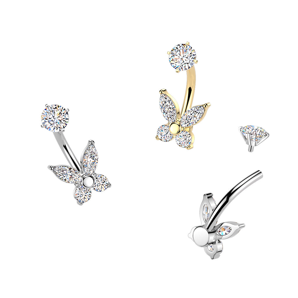 SILVER CRYSTAL BUTTERFLY  BELLY BAR - 14 GAUGE - 14MM