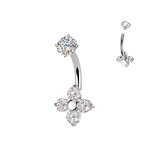 SILVER CRYSTAL CLOVER BELLY BAR - 14 GAUGE - 10MM