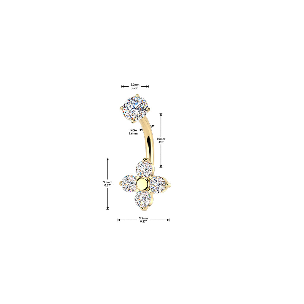 GOLD CRYSTAL CLOVER BELLY BAR - 14 GAUGE - 10MM