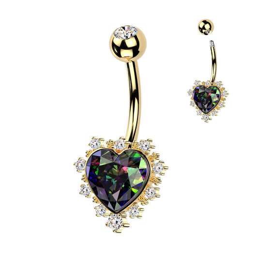 GOLD RAINBOW VITRAIL CRYSTAL LOVE HEART BELLY BAR - 10MM - 14 GAUGE