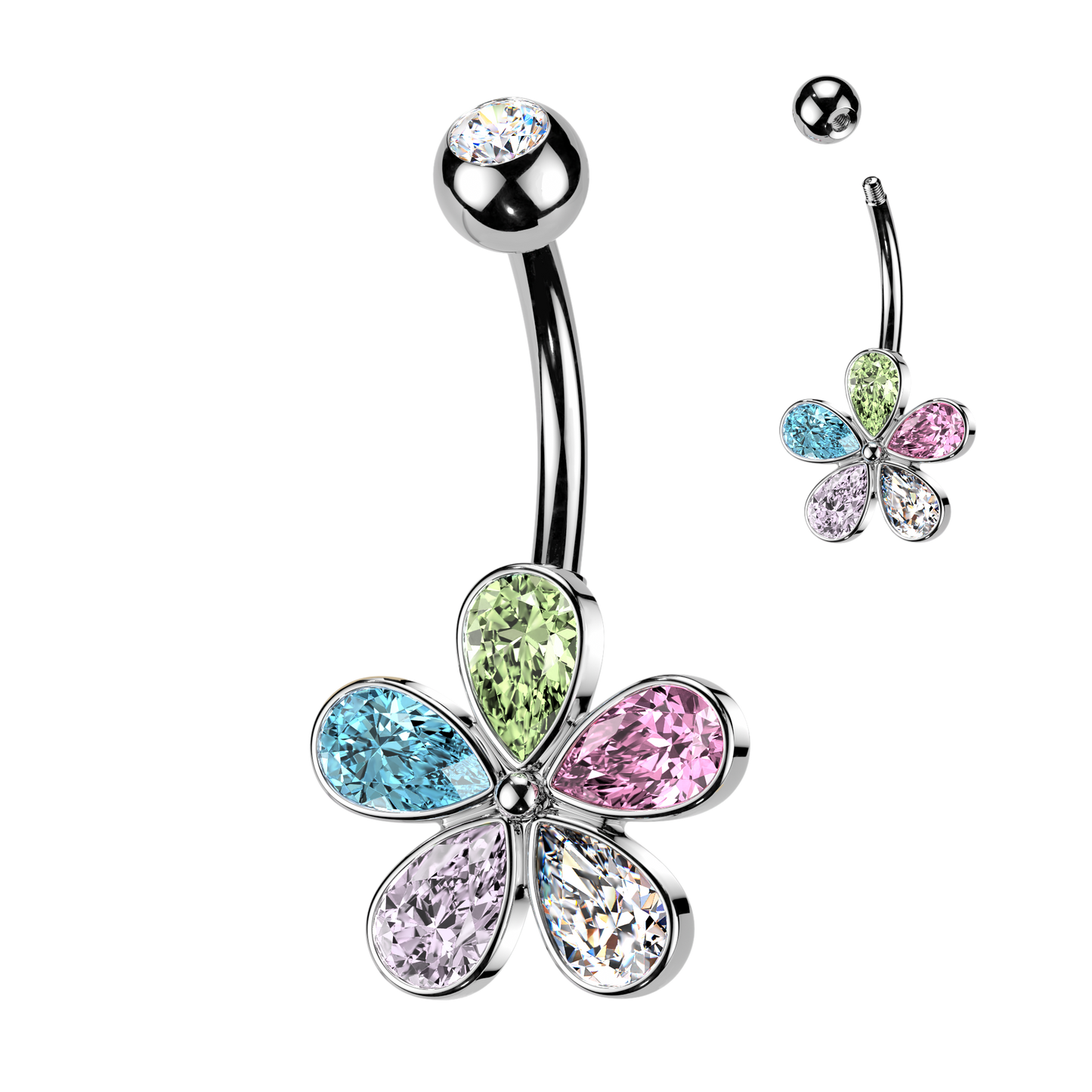 SILVER RAINBOW CRYSTAL FLOWER BELLY BAR - 14 GAUGE - 10MM