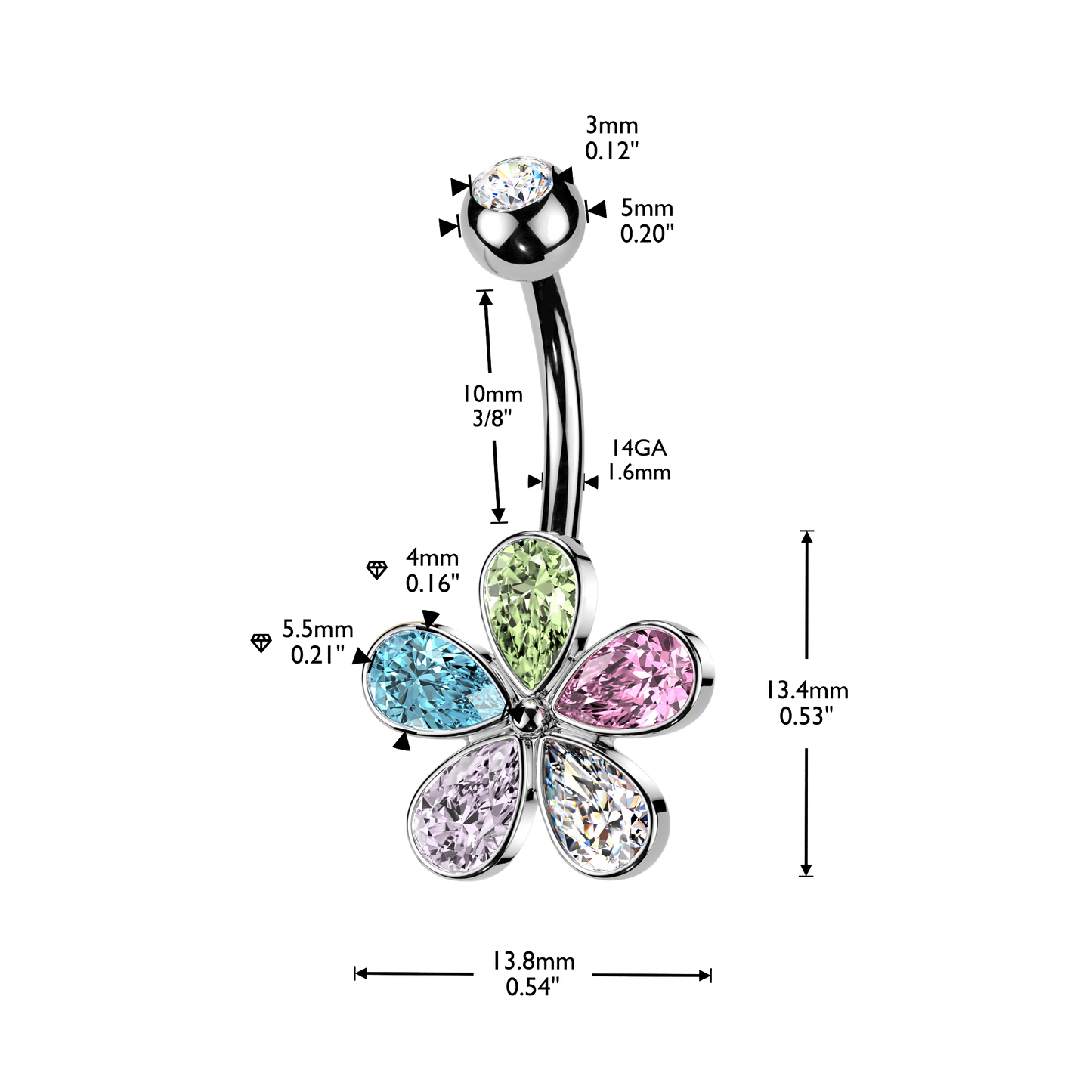SILVER RAINBOW CRYSTAL FLOWER BELLY BAR - 14 GAUGE - 10MM
