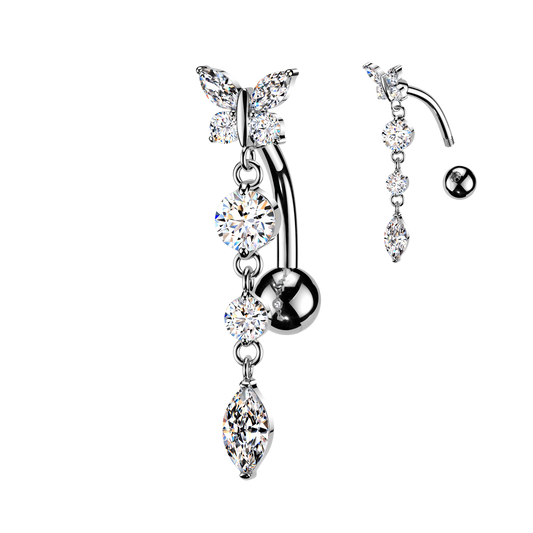 SILVER REVERSE DAINTY CRYSTAL BUTTERFLY BELLY BAR - 14 GAUGE - 10MM