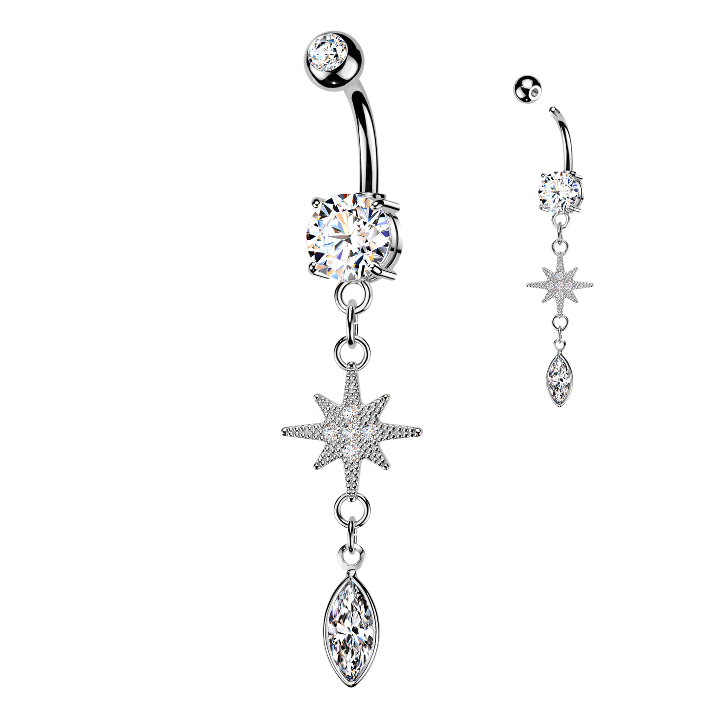 SILVER NORTHERN STAR CRYSTAL CHARM BELLY BAR - 14 GAUGE - 10MM