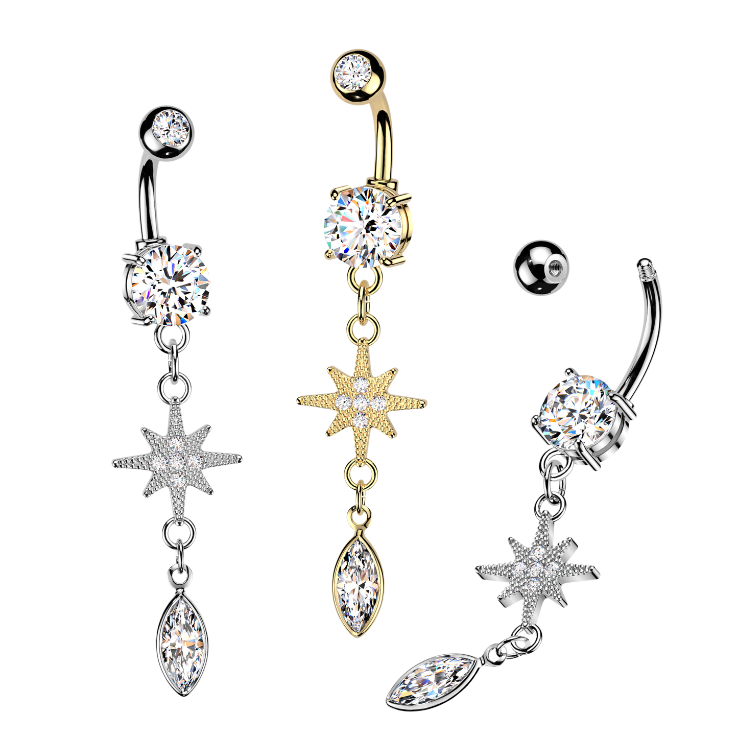 SILVER NORTHERN STAR CRYSTAL CHARM BELLY BAR - 14 GAUGE - 10MM