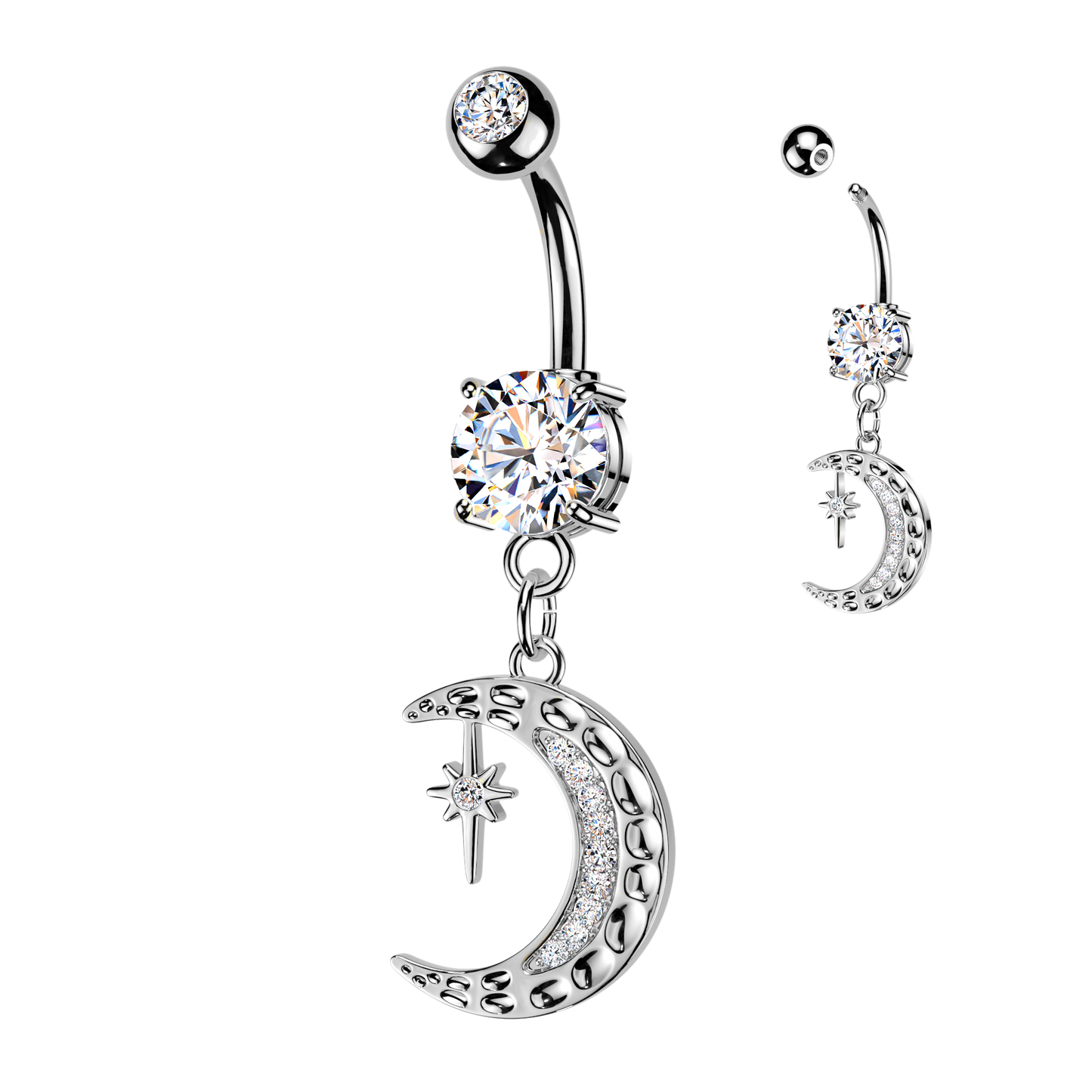 SILVER CRYSTAL MOON & NORTHERN STAR  CHARM BELLY BAR - 14 GAUGE - 10MM