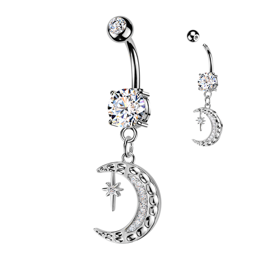 SILVER CRYSTAL MOON & NORTHERN STAR  CHARM BELLY BAR - 14 GAUGE - 10MM