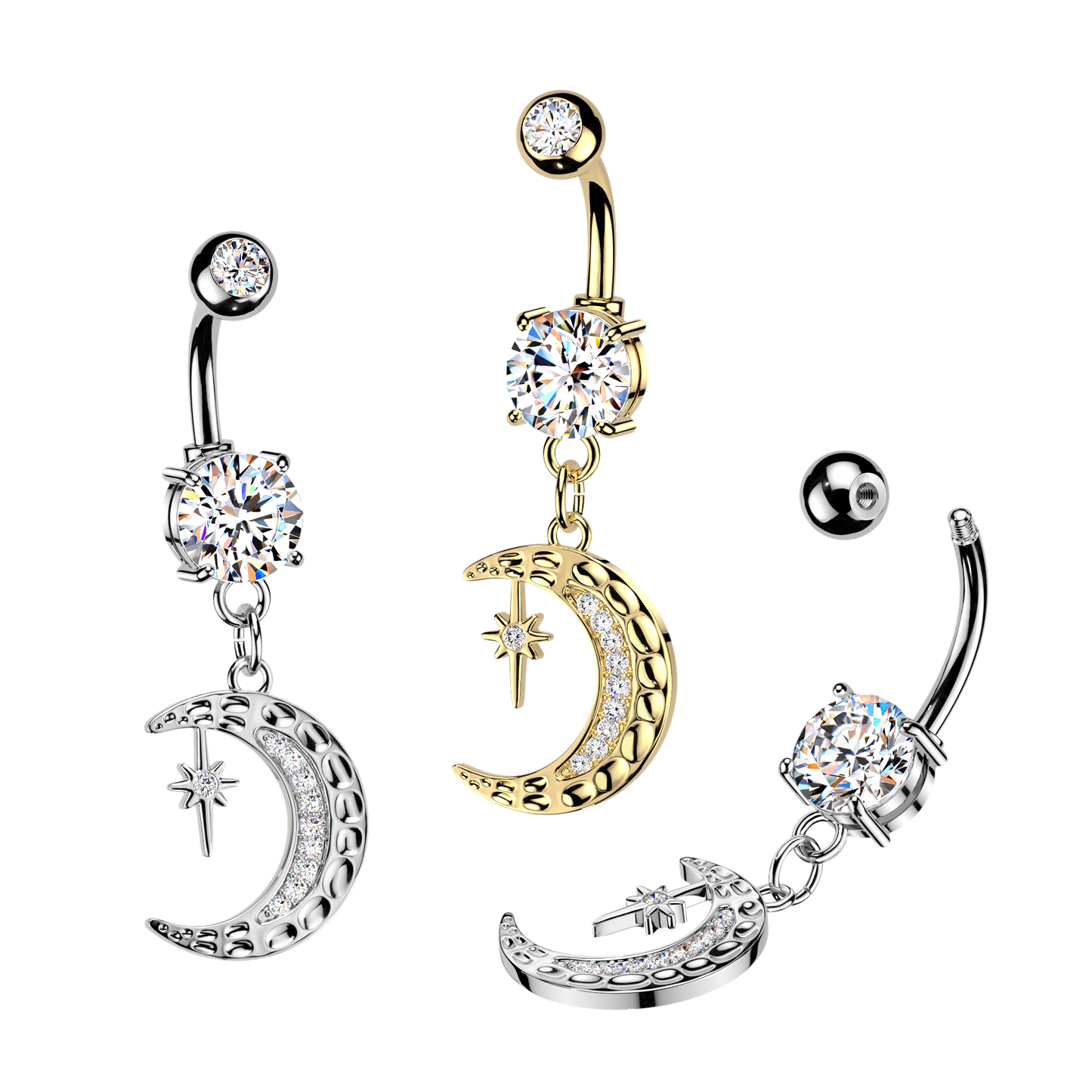 GOLD CRYSTAL MOON & NORTHERN STAR  CHARM BELLY BAR - 14 GAUGE - 10MM