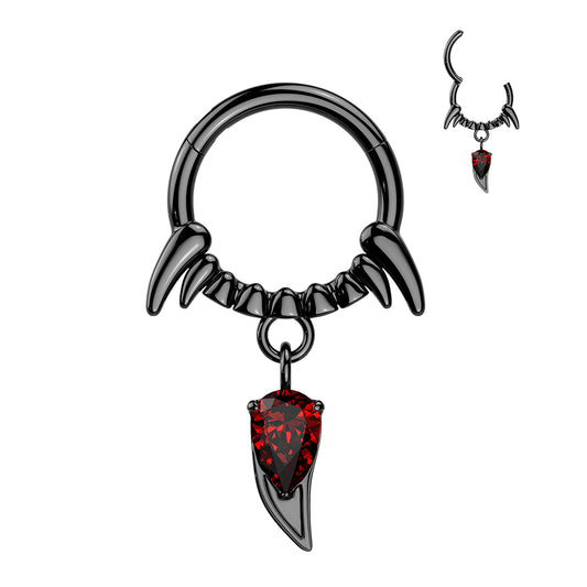 VAMPIRE FANG HOOP WITH RED CRYSTAL FANG CHARM -16 GAUGE -8MM