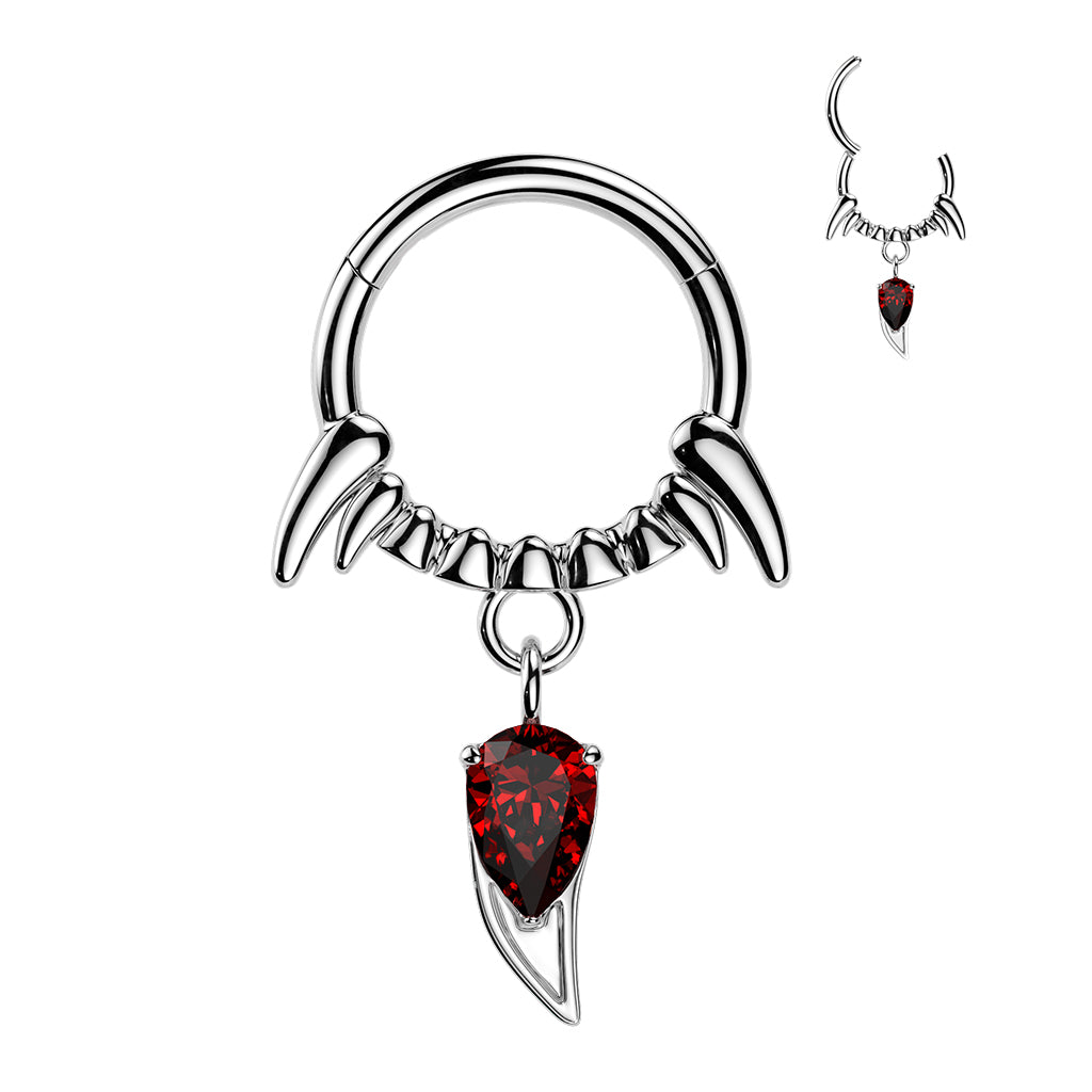VAMPIRE FANG HOOP WITH RED CRYSTAL FANG CHARM -16 GAUGE -8MM