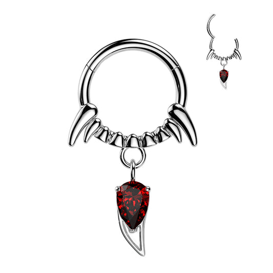 VAMPIRE FANG HOOP WITH RED CRYSTAL FANG CHARM -16 GAUGE -8MM