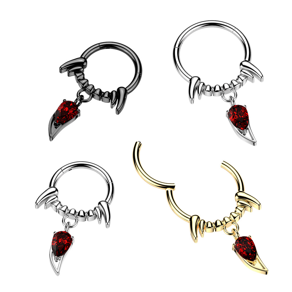 VAMPIRE FANG HOOP WITH RED CRYSTAL FANG CHARM -16 GAUGE -8MM