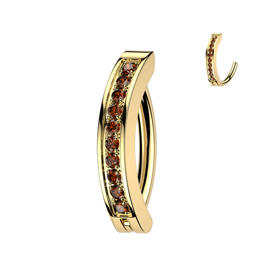 STAINLESS STEEL GOLD & RED CRYSTAL LINED BELLY CLICKER BAR - 10MM