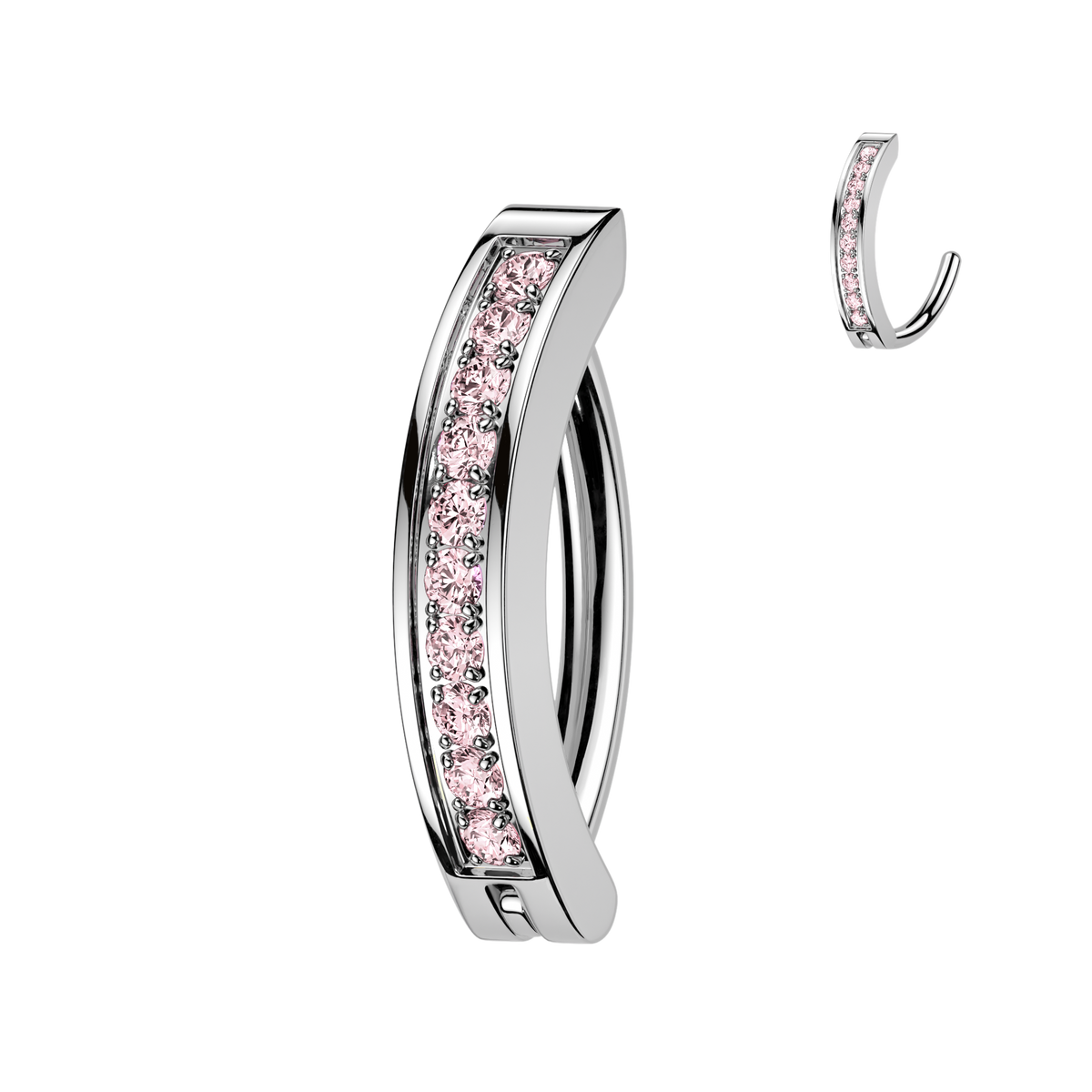 STAINLESS STEEL SILVER & PINK CRYSTAL LINED BELLY CLICKER BAR - 10MM