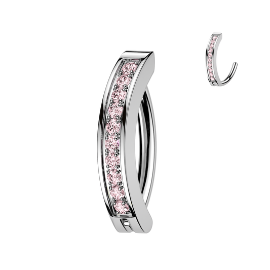 STAINLESS STEEL SILVER & PINK CRYSTAL LINED BELLY CLICKER BAR - 10MM