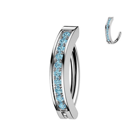STAINLESS STEEL SILVER & BLUE CRYSTAL LINED BELLY CLICKER BAR - 10MM