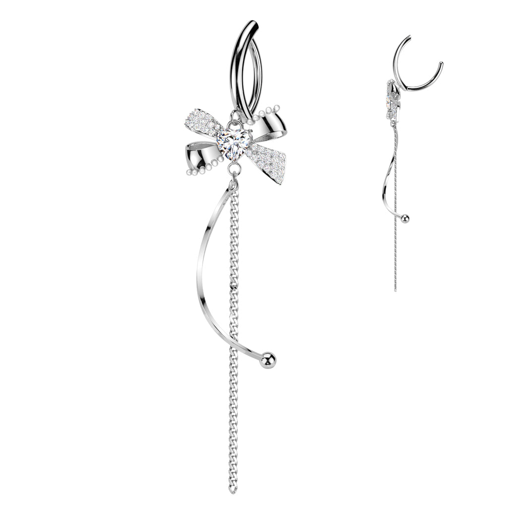 SILVER LOVE HEART & BOW DANGLY CHARM BELLY BAR CLICKER HOOP - 11MM - 14 GAUGE