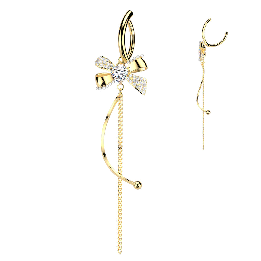 GOLD LOVE HEART & BOW DANGLY CHARM BELLY BAR CLICKER HOOP - 11MM - 14 GAUGE