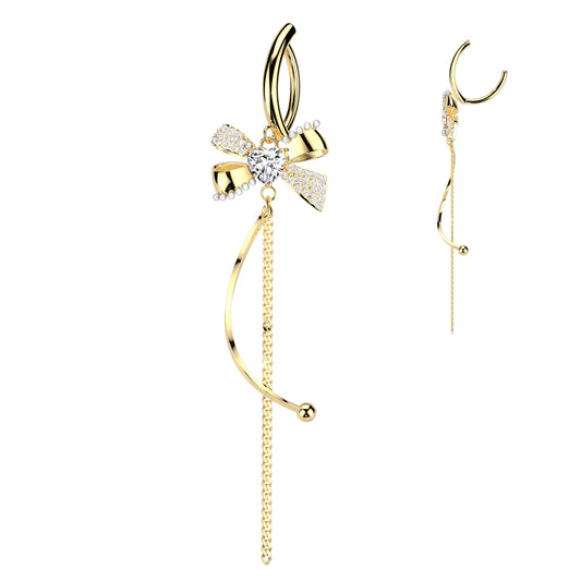 GOLD LOVE HEART & BOW DANGLY CHARM BELLY BAR CLICKER HOOP - 11MM - 14 GAUGE
