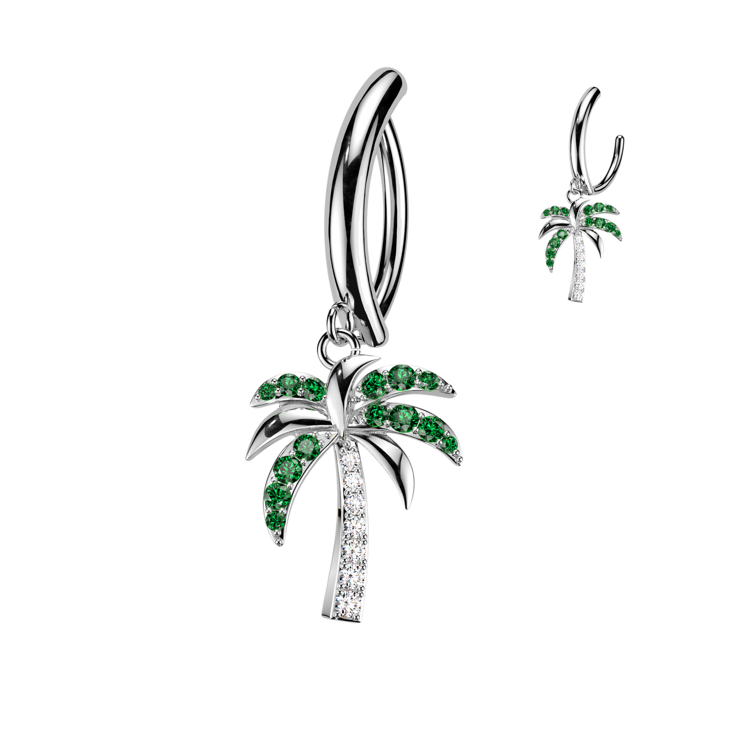 SILVER DANGLY CRYSTAL PALM TREE CHARM BELLY CLICKER HOOP - 14 GAUGE - 11MM
