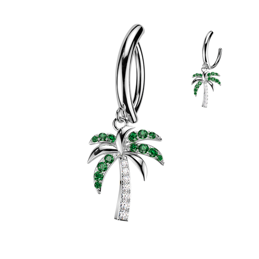 SILVER DANGLY CRYSTAL PALM TREE CHARM BELLY CLICKER HOOP - 14 GAUGE - 11MM