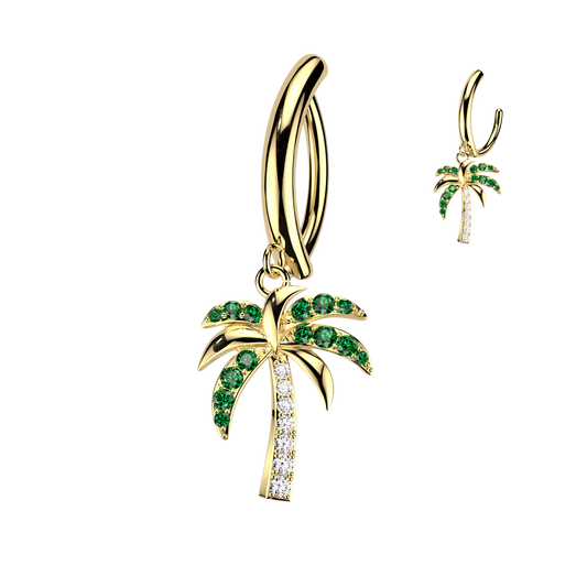 GOLD DANGLY CRYSTAL PALM TREE CHARM BELLY CLICKER HOOP - 14 GAUGE - 11MM