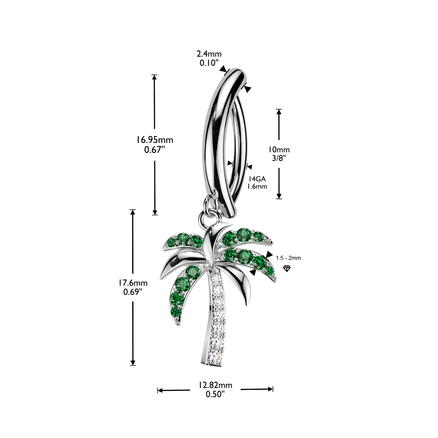 SILVER DANGLY CRYSTAL PALM TREE CHARM BELLY CLICKER HOOP - 14 GAUGE - 11MM