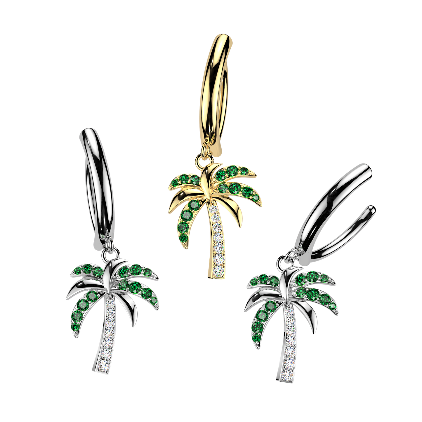 GOLD DANGLY CRYSTAL PALM TREE CHARM BELLY CLICKER HOOP - 14 GAUGE - 11MM