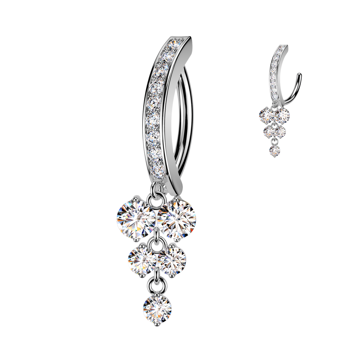 SILVER CRYSTAL CHARM DANGLY BELLY CLICKER HOOP - 14 GAUGE - 10MM