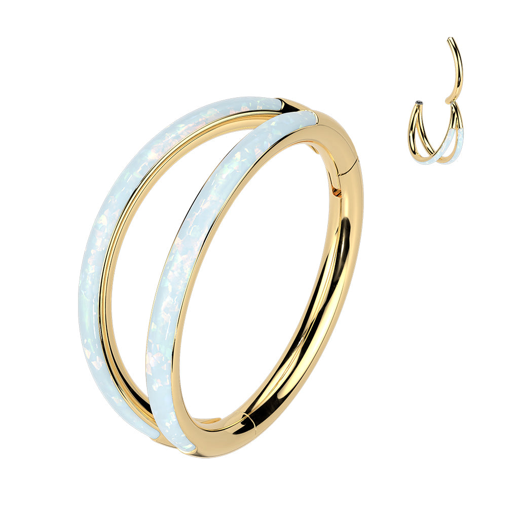 TITANIUM GOLD WHITE OPAL EDITION DOUBLE LOOP LINED NOSE  RING / EAR HOOP - 8MM - 20 GAUGE