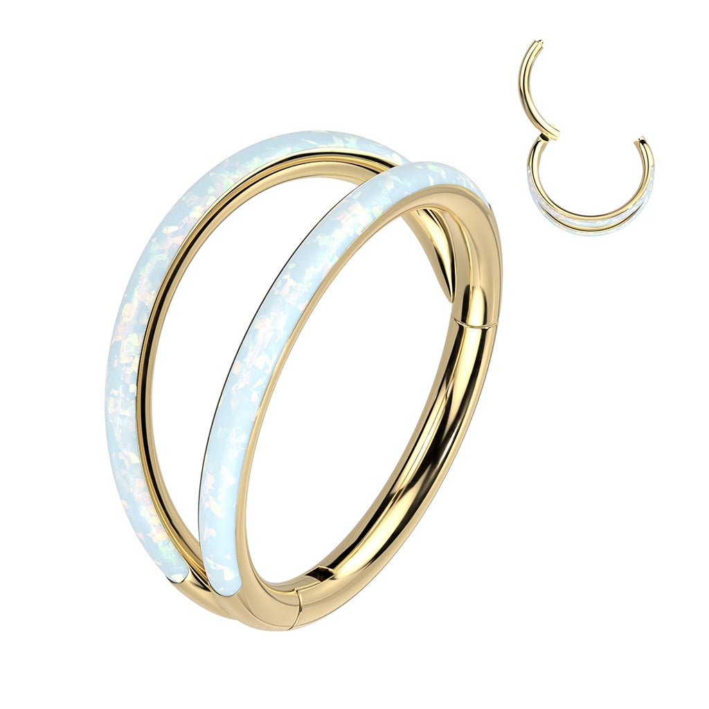 TITANIUM GOLD WHITE OPAL EDITION DOUBLE LOOP LINED NOSE  RING / EAR HOOP - 8MM - 20 GAUGE