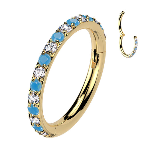 TITANIUM GOLD CRYSTAL & TURQUOISE HOOP RING - 18 GAUGE - 8MM NOSE & EAR