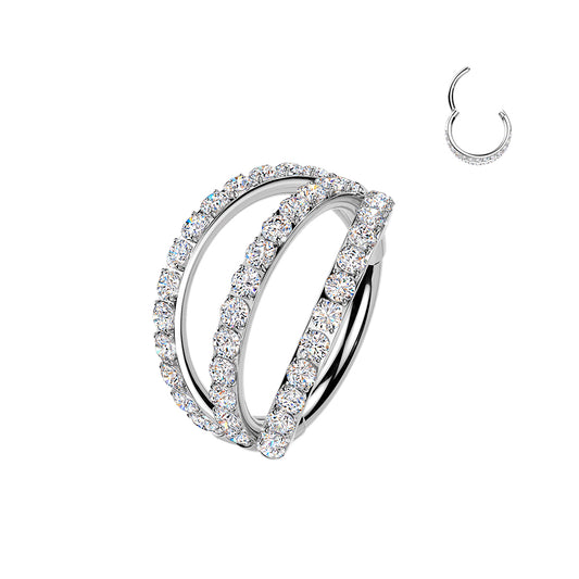 TITANIUM TRIPLE CRYSTAL LINED NOSE  RING / EAR HOOP - 7MM - 20 GAUGE