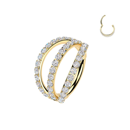 TITANIUM GOLD TRIPLE CRYSTAL LINED NOSE  RING / EAR HOOP - 7MM - 20 GAUGE