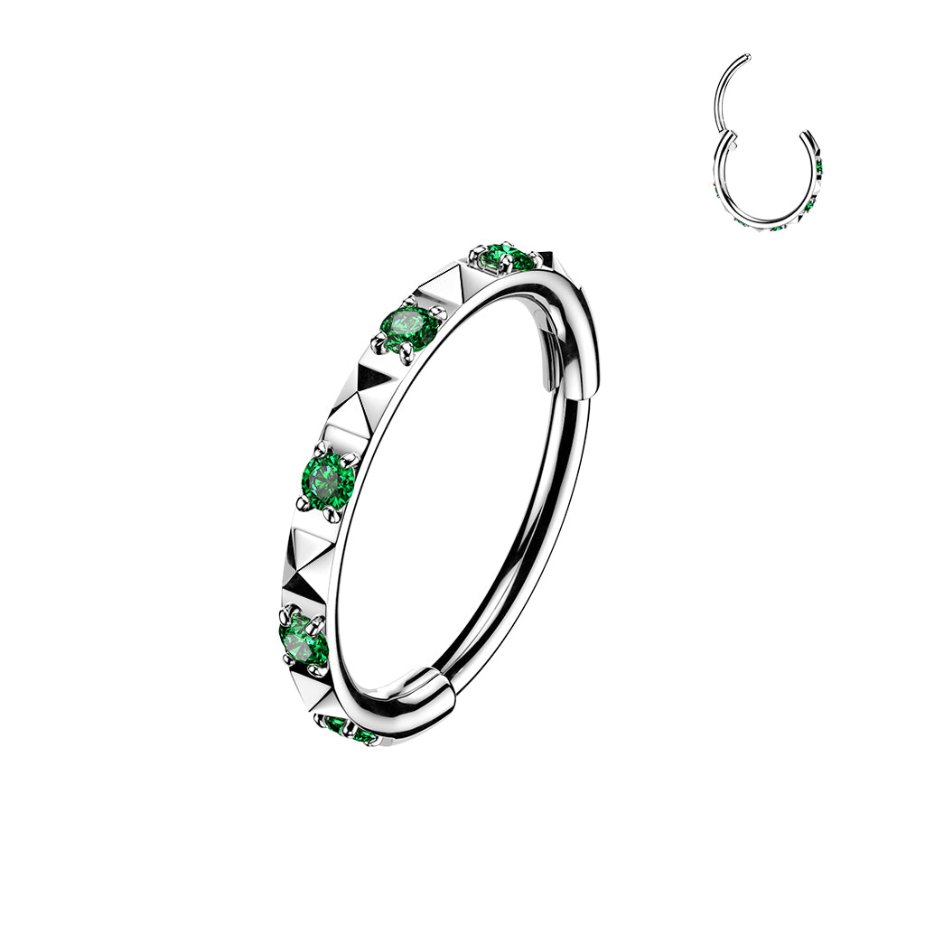 TITANIUM EMERALD GREEN CRYSTAL & STUDDED RING / HINGE CLOSE HOOP - 20 GAUGE - 8MM NOSE & EAR