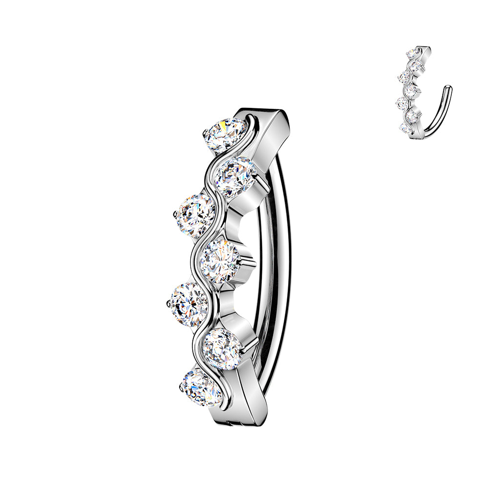 TITANIUM SILVER CRYSTAL WAVE BELLY CLICKER HOOP- 10MM - 14 GAUGE