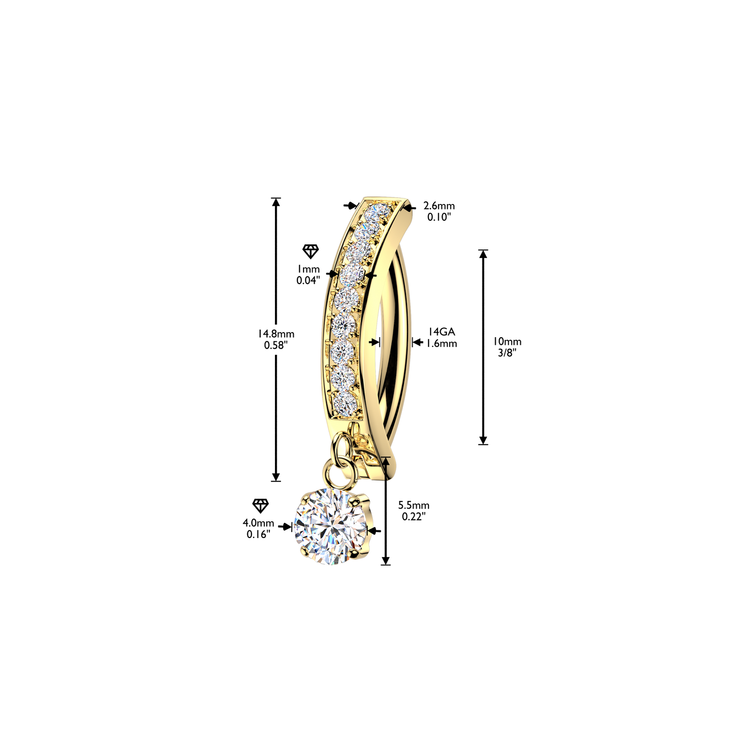 TITANIUM GOLD CRYSTAL CHARM DANGLY BELLY CLICKER HOOP - 14 GAUGE - 10MM